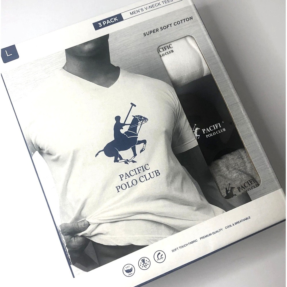 Pacific Polo Club‎ Men's V-Neck Tees Assorted Box of 3 Pack SZ LG NIB